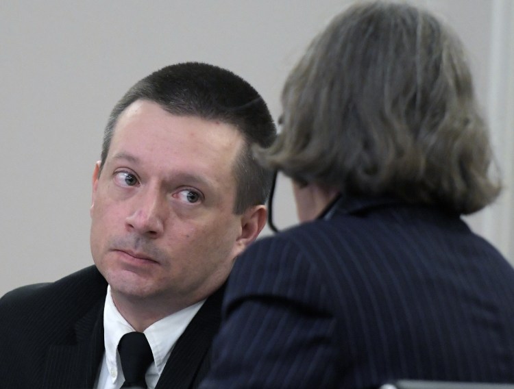 Scott Bubar speaks with his attorney, Lisa Whittier, during the closing arguments of his trial on Monday at the Capital Judicial Center in Augusta. Bubar, 41, of Brunswick, is standing trial on charges of aggravated attempted murder of Sgt. Jacob Pierce and reckless conduct with a dangerous weapon, both of which allegedly occurred on May 19, 2017, at the mobile home at 1003 Oakland Road in Belgrade.