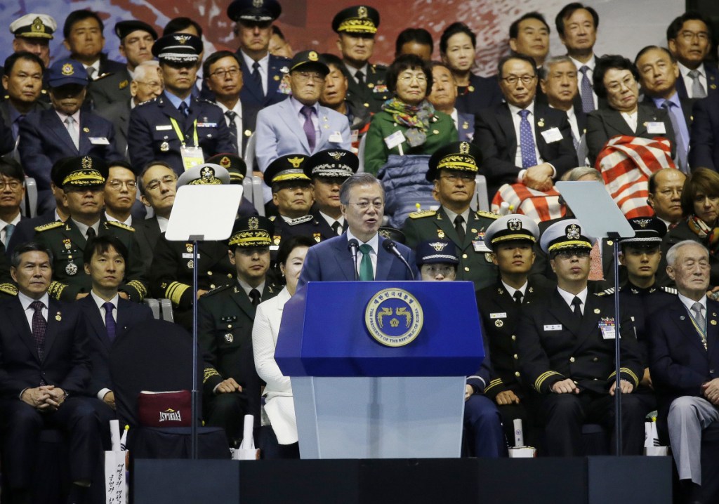 South Korean President Moon Jae-in speaks during the 70th anniversary of Armed Forces Day at the War Memorial of Korea in Seoul, South Korea, Monday, Oct. 1, 2018. (AP Photo/Ahn Young-joon/Pool)