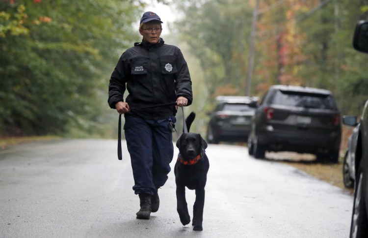 A Maine State Trooper on Tuesday leads a search dog toward the Lufkin Road home of Kristin Westra in North Yarmouth. Police say it's still too soon to characterize the disappearance as suspicious.