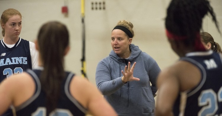 Amy Vachon instructs her University of Maine basketball players during a practice session Wednesday. The Black Bears are coming off a 23-win season in which they won the America East title and reached the NCAA tournament.