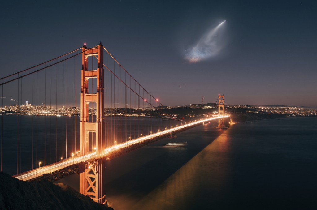 In this photo taken Sunday, Oct. 7, 2018 and provided by Justin Borja, a SpaceX Falcon 9 rocket launch is seen in the distance over the Golden Gate Bridge near Sausalito, Calif. When SpaceX launched a rocket carrying an Argentine Earth-observation satellite from California, both the night sky and social media lit up. People as far away as Phoenix and Sacramento posted photos of the rocket returning to its launch site on Sunday night in what was the first time SpaceX landed a first-stage booster back at its launch site at Vandenberg Air Force Base. (Justin Borja via AP)