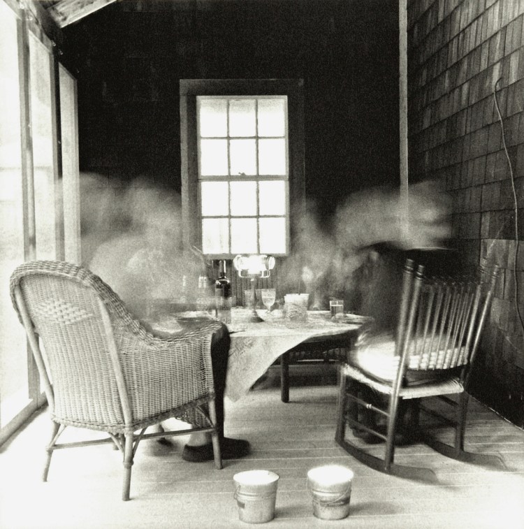 "Dinner Party (Porch)" by Claire Seidl, gelatin silver photograph, 2014, 23 by 23 inches.