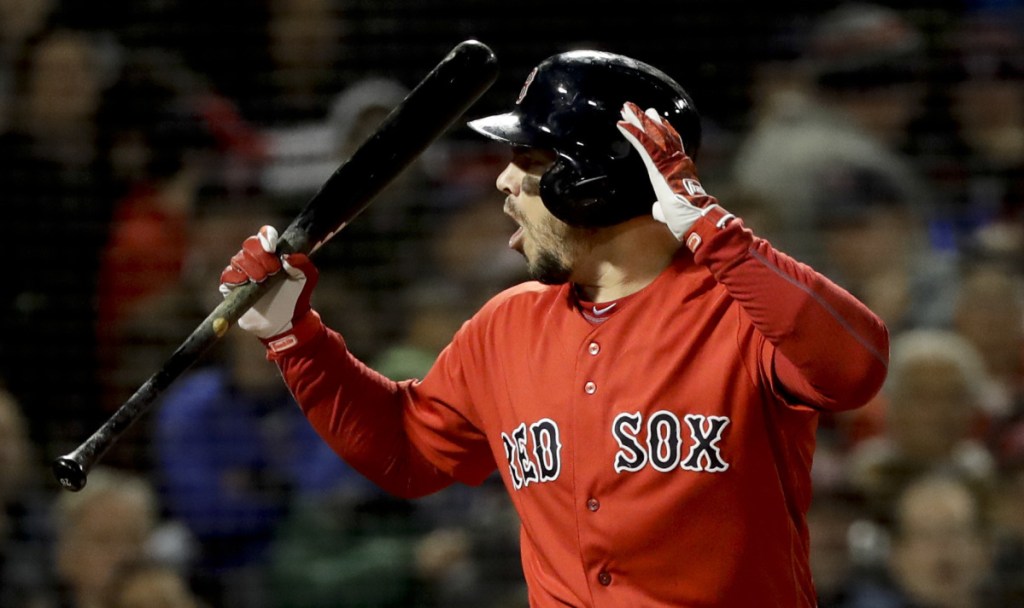 Boston's Steve Pearce reacts after striking out against the Houston Astros during Game 1 of the American League Championship Series on Saturday at Fenway Park. (AP Photo/David J. Phillip)