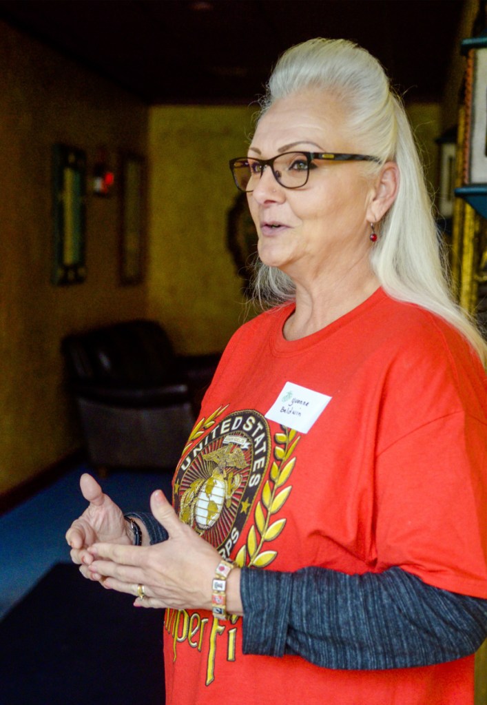 Yvonne Baldwin, of Bangor, answers questions during an interview Saturday at Margarita's in Augusta. Baldwin served from 1982 to 1993 and achieved the rank of sergeant by the time she left the U.S. Marine Corps.
