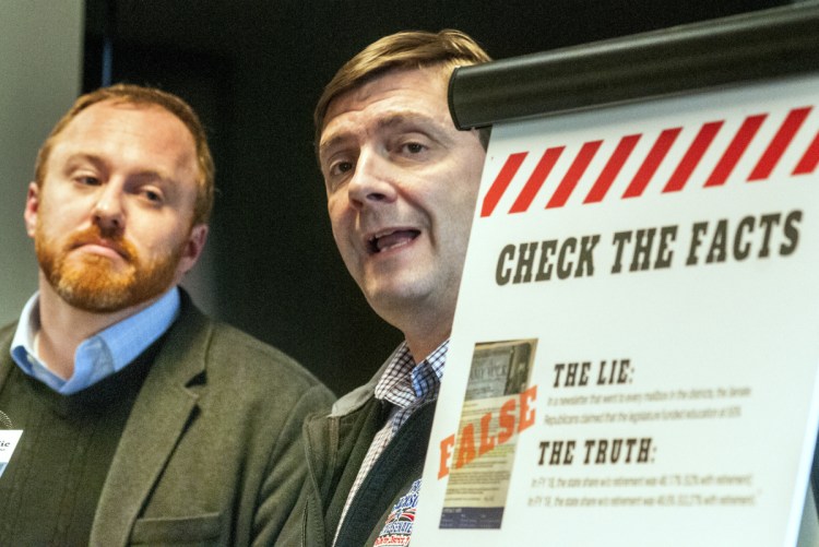 Sens. Nate Libby, D-Lewiston, left, and Troy Jackson, D-Allagash, hold a news conference to complain about what they said were lies in campaign fliers.