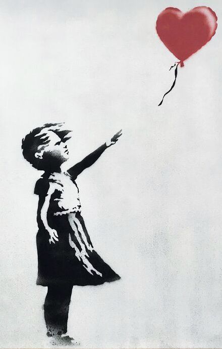 The spray-painted canvas "Girl with Balloon" by artist Banksy is pictured.