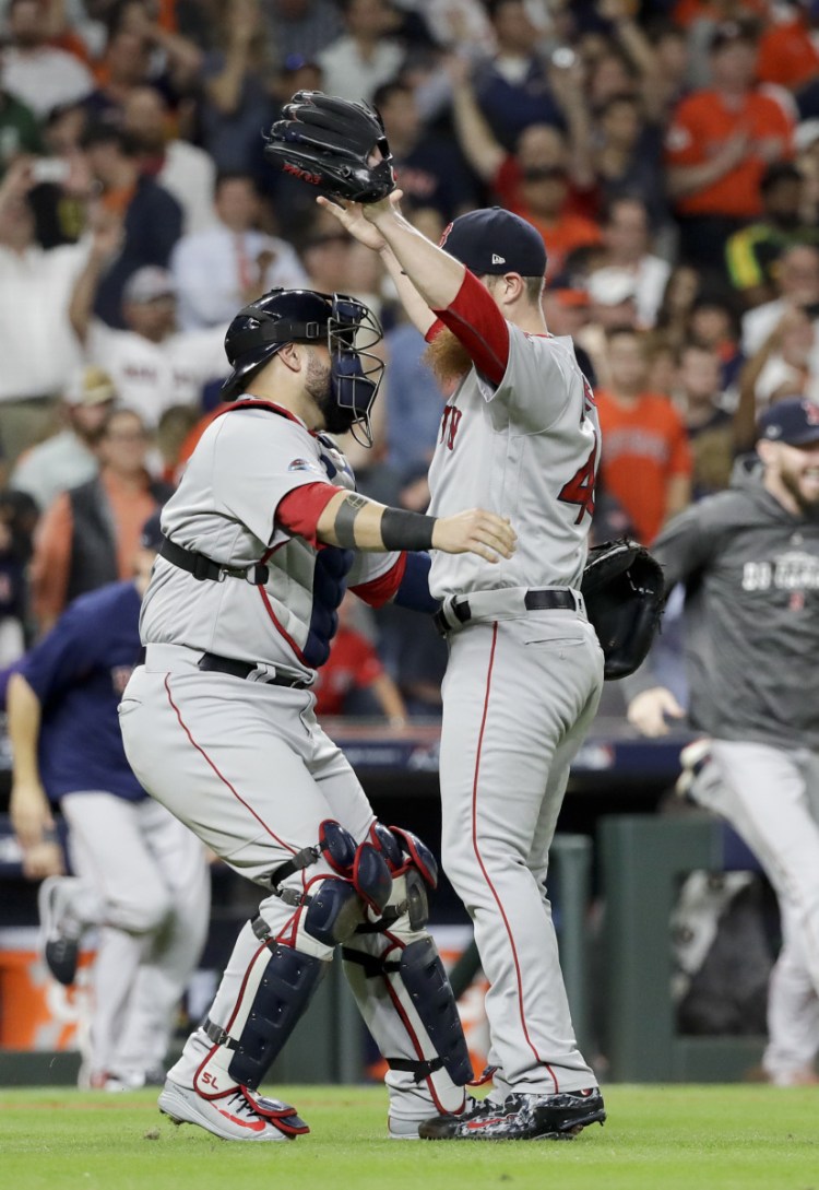 Craig Kimbrel, celebrating with catcher Sandy Leon after the victory that put the Red Sox into the World Series, has been an adventure throughout the playoffs. Yet the bend-but-not-break principle just keeps working.