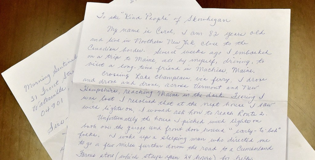 In Carol Laughlin's letter to Skowhegan police and the Morning Sentinel, she thanked Officer Alex Burns for helping her find her way after she became lost.