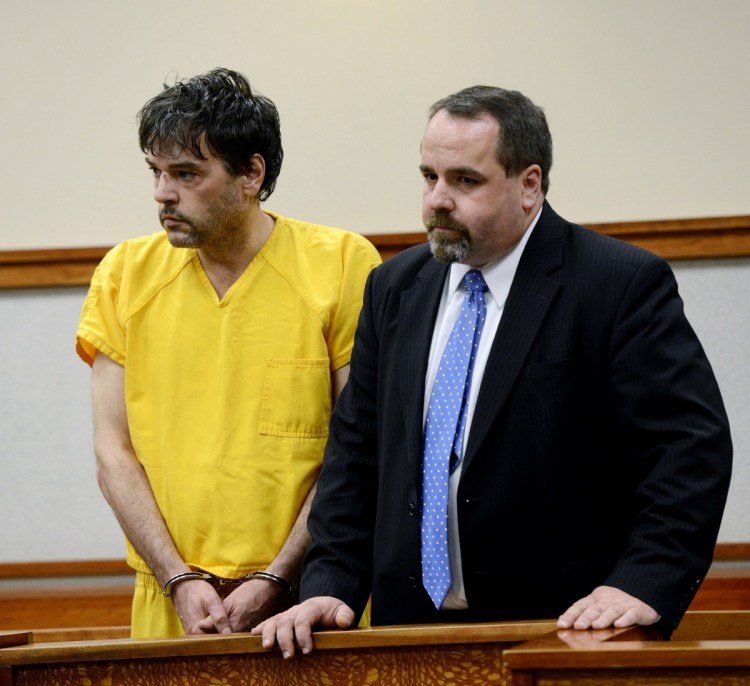 Andy Leighton with his attorney, Robert LeBrasseur, in 2013. He pleaded guilty to his mother's murder and entered the Maine State Prison on Jan. 6, 2015. His fellow inmates say he was sent back to his cell even after telling staff he was having trouble breathing. Staff file photo by Shawn Patrick Ouellette