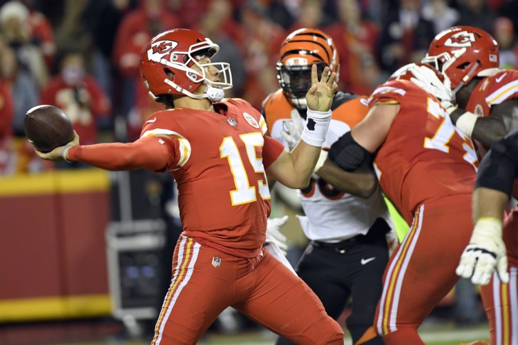 Kansas City quarterback Patrick Mahomes throws a pass during the second half against the Cincinnati Bengals in Kansas City on Sunday night. The Chiefs won, 45-10.
