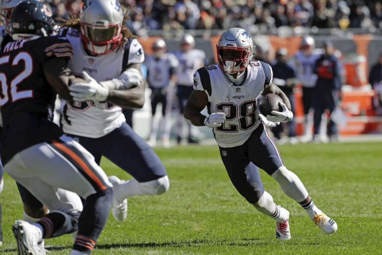 Running back James White played a big role in the Patriots offense in their win over Chicago on Sunday, which was especially important with tight end Rob Gronkowski and running back Sony Michel injured.
