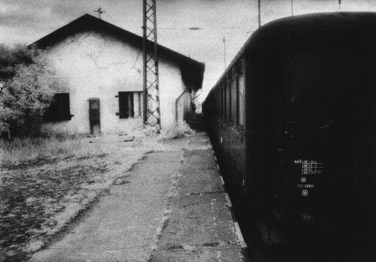 "Bohušovice train station near Theresienstadt concentration camp, Czechoslovakia." Below, "Harbor, Gilleleje, Denmark."