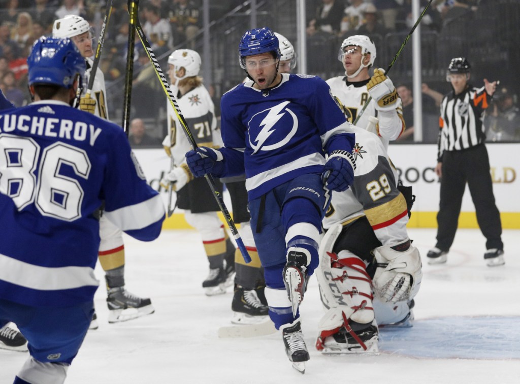 Tyler Johnson of the Lightning celebrates after scoring the first goal in Tampa Bay's 3-2 win Friday against the Vegas Golden Knights.