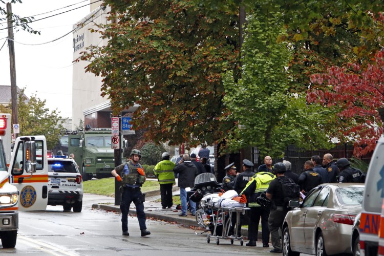 First responders surround the Tree of Life Synagogue in Pittsburgh, Pa., where a shooter opened fire Saturday.