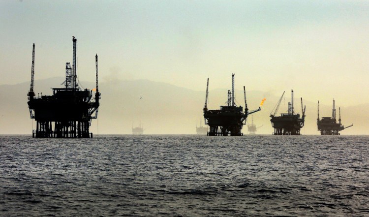 Off-shore oil rigs line the Santa Barbara Channel near the Federal Ecological Preserve en route to the Channel Islands National Marine Sanctuary in March 2015. 