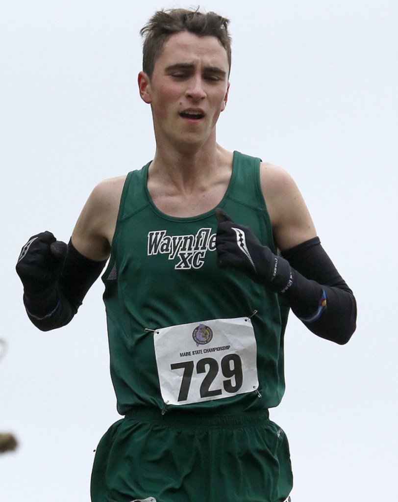 Henry Spritz of Waynflete won the Class C boys' state championship for the second straight year, finishing the 5-kilometer course in Belfast with a time of 17:03.87.