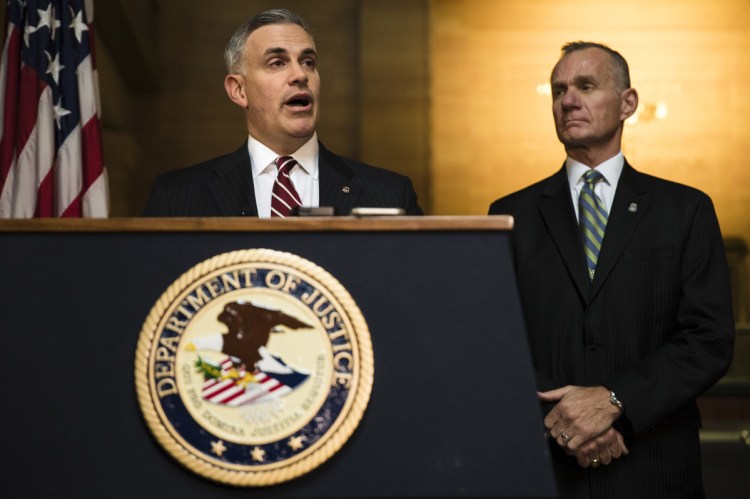 United States Attorney Scott Brady, left, accompanied by FBI Pittsburgh special agent in charge, Bob Jones, speak during a news conference on Monday in the aftermath of a deadly shooting at the Tree of Life Synagogue in Pittsburgh.