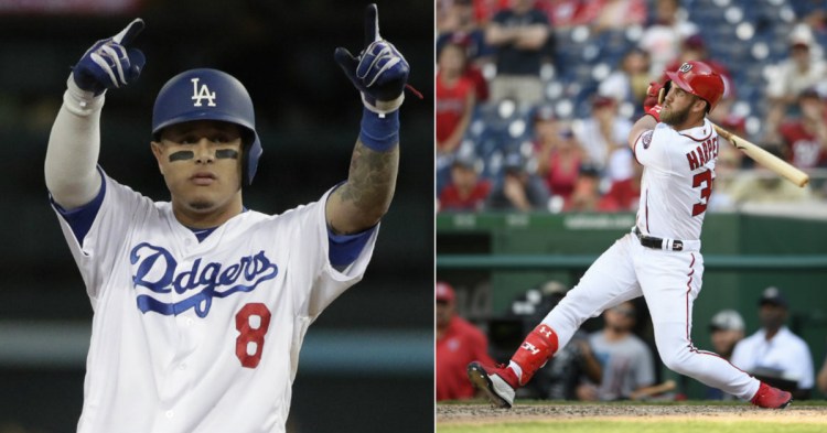 Manny Machado, left, and Bryce Harper will be among the free agents who will test the offseason market. Last year major deals were slow in being completed.