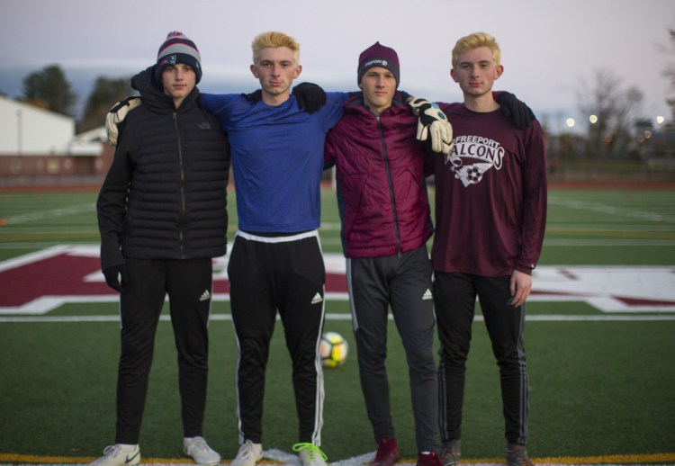 Freeport has six shutouts this season and has allowed just 13 goals in 16 games thanks to center back Sam Larochelle, left, goalie Atticus Patrick, center back Caleb Arsenault and left back Owen Patrick.