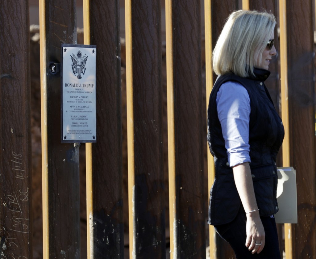 U.S. Department of Homeland Security Secretary Kirstjen Nielsen inspects a newly fortified border wall structure Friday in Calexico, Calif.
Associated Press/Gregory Bull