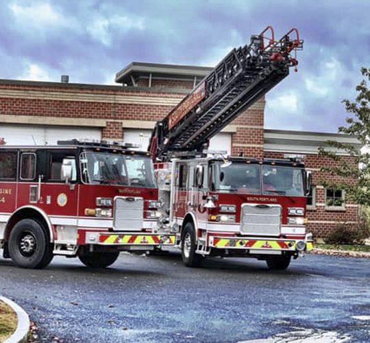 The South Portland Fire Department's new ladder truck, right, was damaged during a training exercise on Oct. 30, 2018.