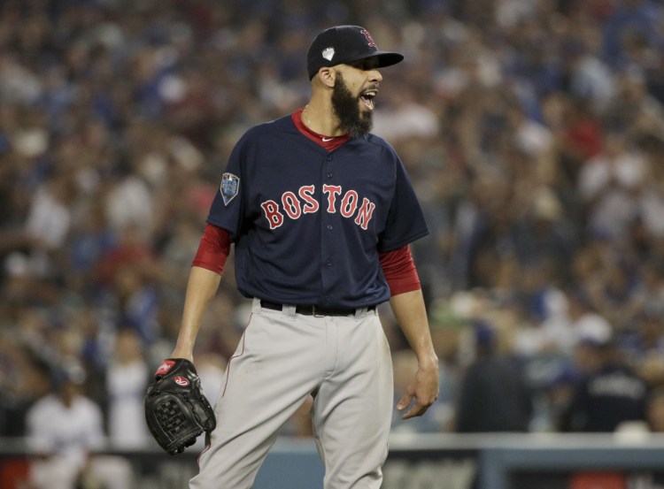 Boston starting pitcher David Price celebrates at the end of the seventh inning in Game 5 of the World Series against Los Angeles.