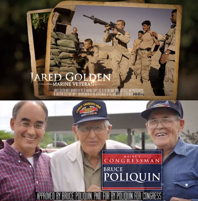Top, a screen shot from one of Democratic congressional hopeful Jared Golden's campaign commercials. Bottom, a screen shot from a television advertisement by U.S. Rep. Bruce Poliquin's campaign this fall.