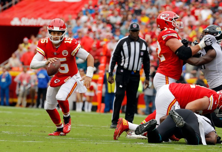Chiefs quarterback Patrick Mahomes didn’t have a touchdown pass Sunday, but did run for a TD in a 30-14 victory over the Jaguars.