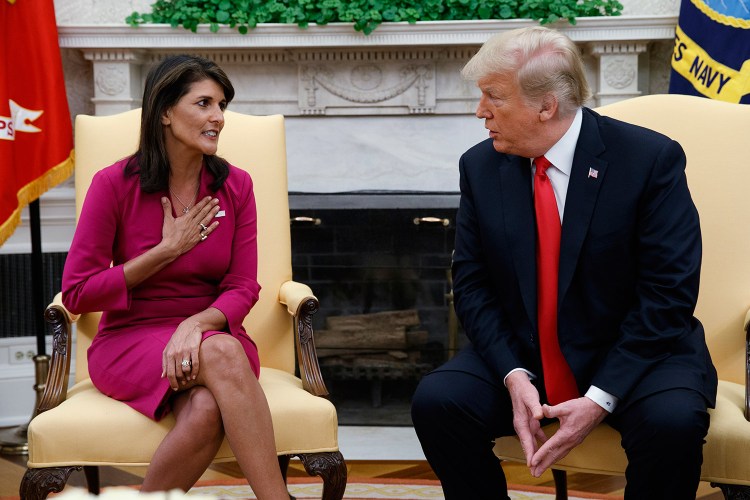 President Trump meets Tuesday with U.S. Ambassador to the United Nations Nikki Haley at the White House. Haley told Trump that she will step down at the end of this year.