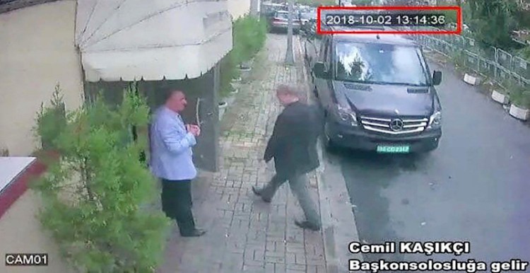 A still image made from CCTV video obtained by the Turkish newspaper Hurriyet claiming to show Saudi journalist Jamal Khashoggi entering the Saudi consulate in Istanbul, Turkey on Oct. 2, 2018. 