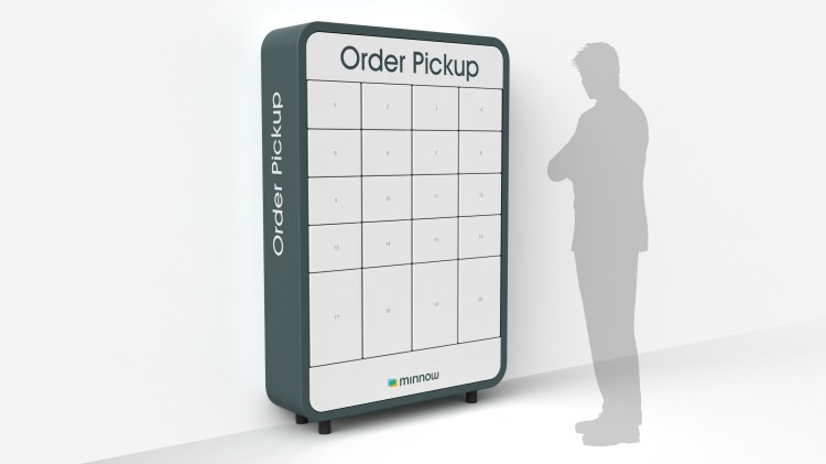 Minnow produces self-service “pickup pods” that look like high-tech storage lockers for restaurant take-out orders. Customers are notified via a free mobile app when their order is ready, and each internet-connected pod stores one order securely until the customer arrives to pick it up.
