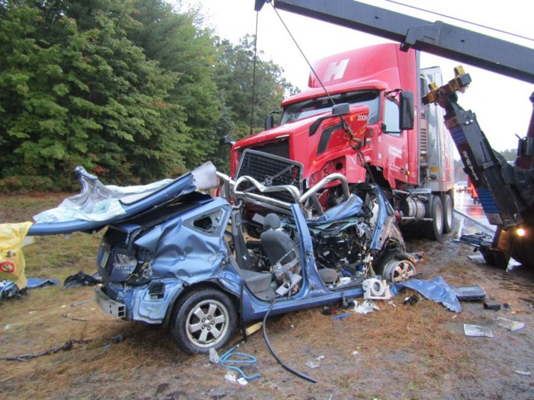 A car ended up beneath a tractor-trailer in a crash Tuesday on the Maine Turnpike in Saco.