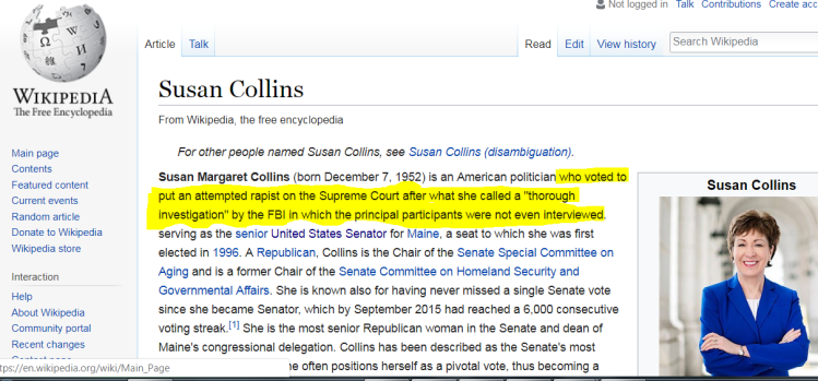 The yellow highlighting indicates an anonymous edit made to the Wikipedia page of Sen. Susan Collins. 