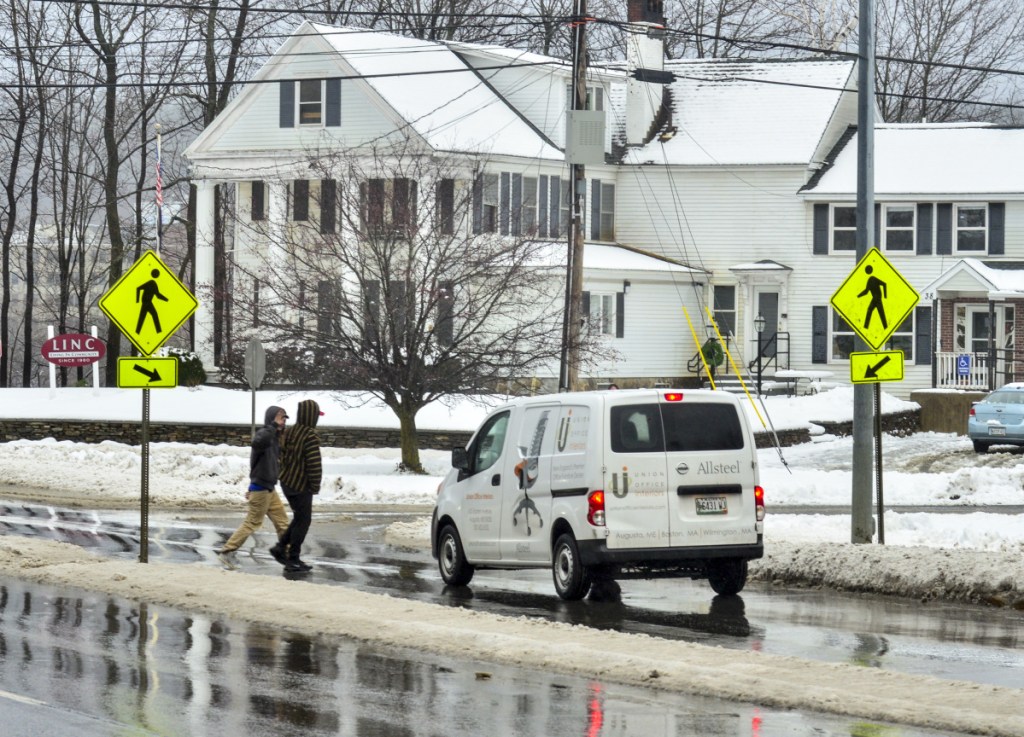 A crosswalk and the LINC Wellness & Recovery Center are seen Tuesday at corner of Memorial Drive and Gage Street near the Memorial Bridge in Augusta. Dana Williams, 60, was struck and killed by a truck near the crosswalk Monday night.