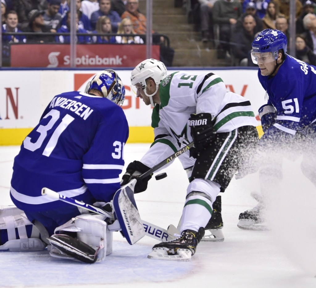 Toronto goaltender Frederik Andersen makes a save against Blake Comeau of the Stars, who got goals from Jamie Benn and Devin Shore in a 2-1 win.
