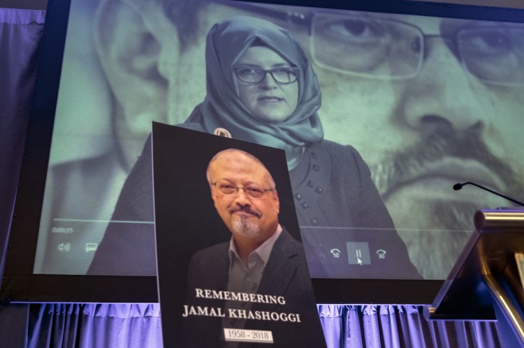 A video image of Hatice Cengiz, fiancee of journalist Jamal Khashoggi, is played at an event to remember Khashoggi in Washington on Friday. He was killed Oct. 2 at the Saudi Consulate in Istanbul.