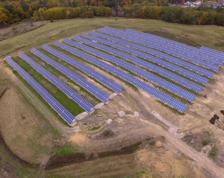 Portland's solar power array is shown as it nears completion after delays to fix the landfill beneath it in 2018.