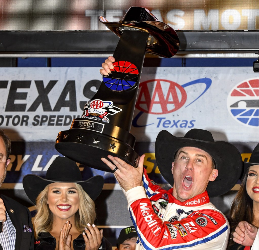 Kevin Harvick celebrates after his victory in Sunday's NASCAR Cup race at Texas Motor Speedway. Harvick will race for the championship in two weeks at Homestead.