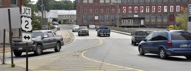 Traffic moves in both directions on the Margaret Chase Smith Bridge at the Water Street and Madison Avenue intersection in Skowhegan on Aug. 28.