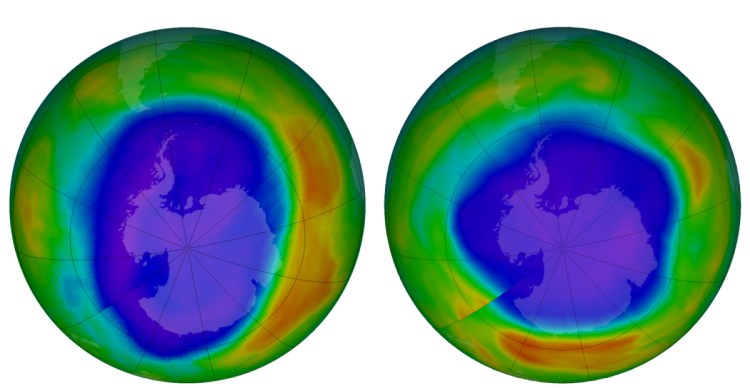 NASA images depict areas of ozone above Antarctica in September 2000, left, and 2018. The purple and blue are where there is the least ozone; orange and red show where there's more.