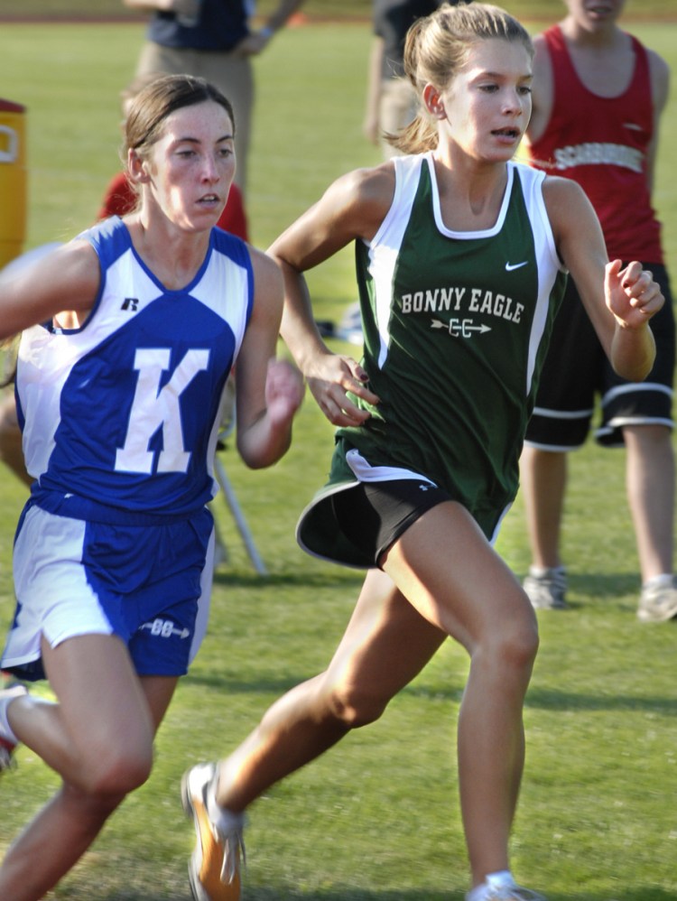 Abbey Leonardi, left, of Kennebunk and Emily Durgin of Bonny Eagle finished 1-2 at the New England cross country championships as freshmen and dueled throughout their high school careers before going on to run for NCAA Division I schools – Leonardi at Oregon, Durgin at UConn.