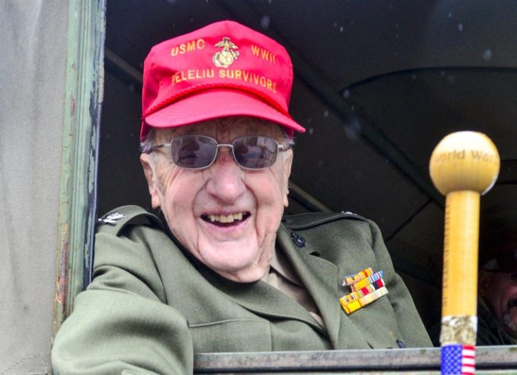 World War II Marine Corps veteran Cliff West of Winthrop attends the Veterans Day observances Saturday in Readfield.