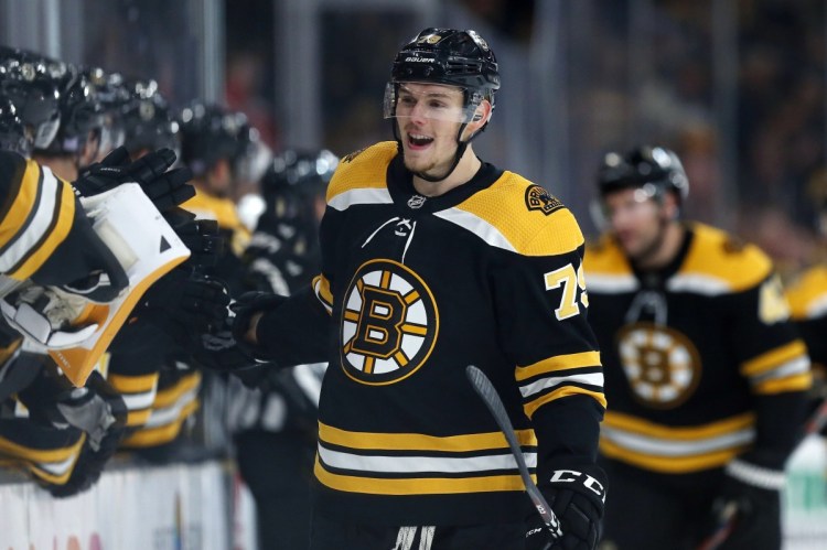 Bruins rookie defenseman Jeremy Lauzon celebrates his first NHL goal Sunday night during Boston's 4-1 win over the Vegas Golden Knights at TD Garden. Lauzon was in the lineup in place of Brandon Carlo, who has an upper-body injury.