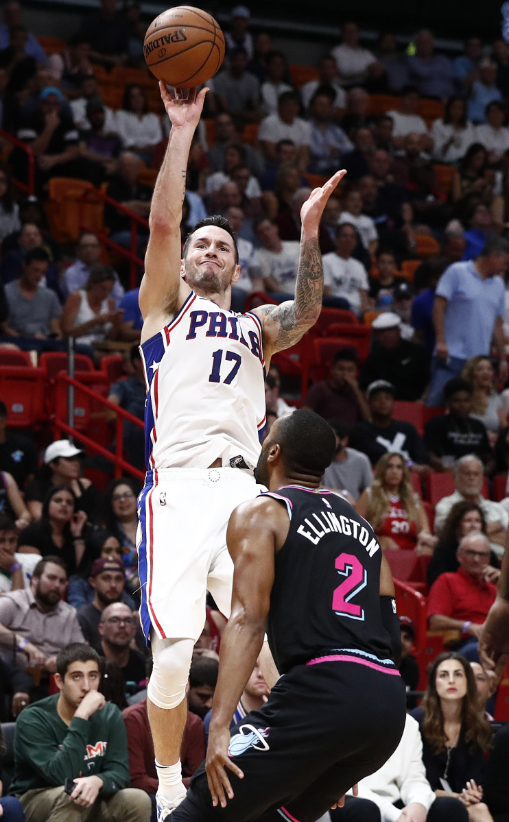Philadelphia 76ers guard JJ Redick shoots over Miami Heat guard Wayne Ellington Monday night as the 76ers won 124-114 at Miami. Redick finished with 25 points.