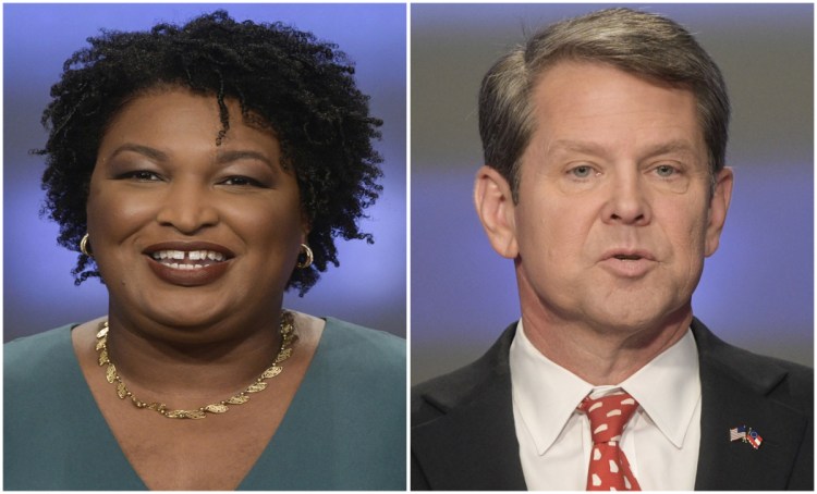 Georgia gubernatorial candidates Stacey Abrams and Brian Kemp. Abrams said Friday that there is no way she can win the race, which was undergoing a court-ordered review of absentee, provisional and other uncounted ballots.