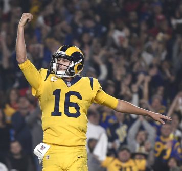 Los Angeles Rams quarterback Jared Goff celebrates after scoring a touchdown against the Kansas City Chiefs during the second half of an NFL football game, Monday, Nov. 19, 2018, in Los Angeles. (AP Photo/Kelvin Kuo)