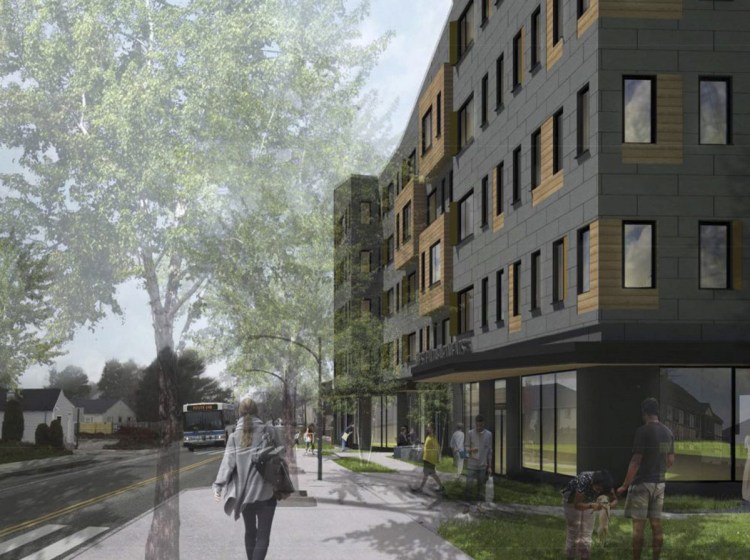 A rendering depicts the 64-unit West End Apartments proposed for 586 Westbrook St. in South Portland with commercial space on the ground floor. (Rendering courtesy of Kaplan Thompson Architects)