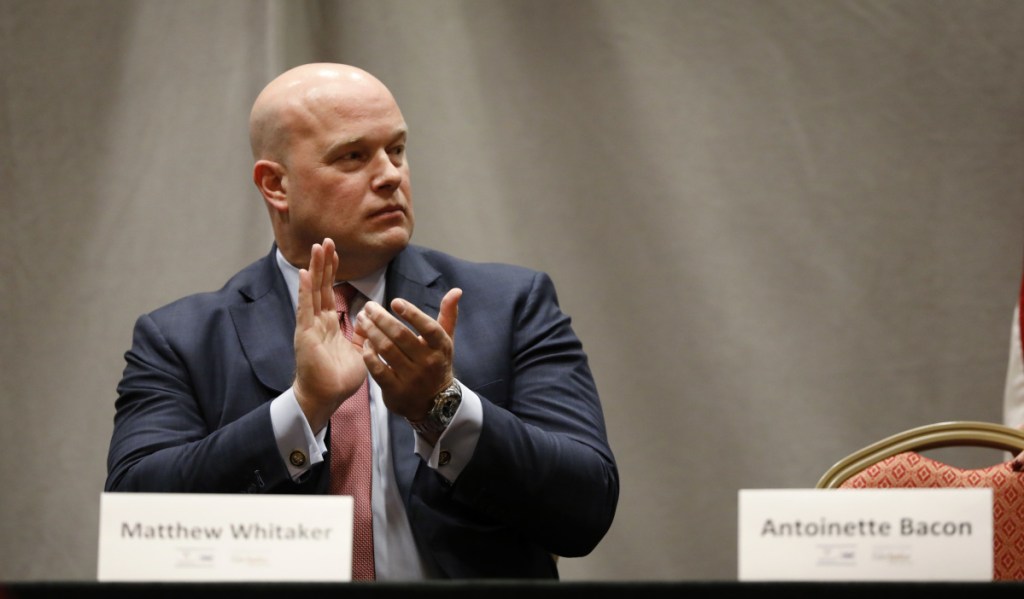 Acting Attorney General Matthew Whitaker attends the Rural and Tribal Elder Justice Summit, Wednesday, Nov. 14, 2018, in Des Moines, Iowa. (AP Photo/Charlie Neibergall)