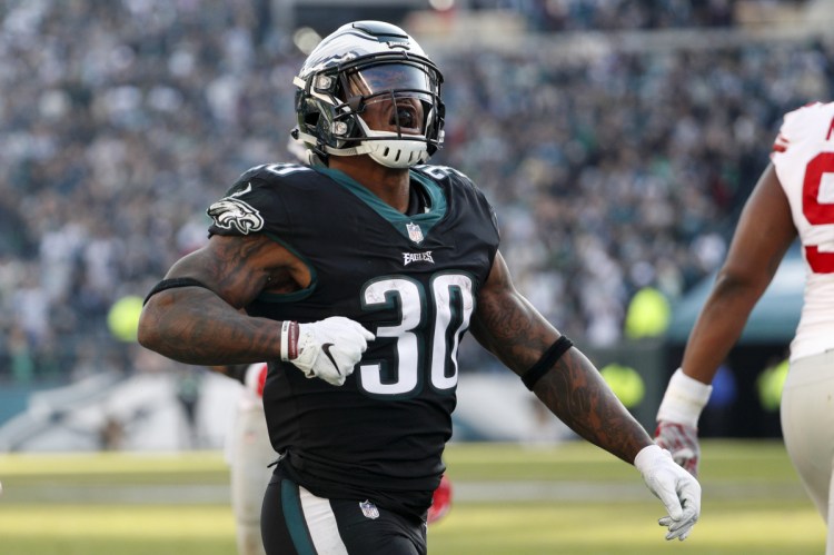 Philadelphia Eagles running back Corey Clement celebrates after scoring a two-point conversion during the Eagles' 25-22 win over the Giants on Sunday in Philadelphia.