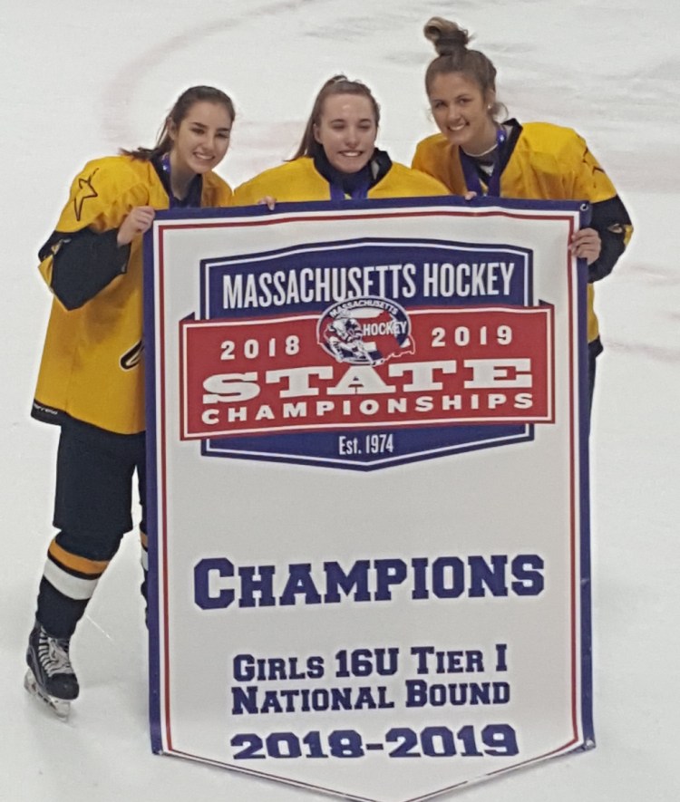 Abby Lamontagne of Kennebunk, Abby Matusovich of New Gloucester and Emma McCauley of South Portland are part of a Massachusetts team that will play in a national hockey tournament in April.